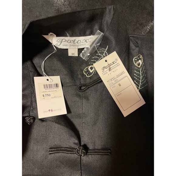 Potex NWT Black Linen Asian Inspired Peacock Embroidered Top Sz M - Picture 7 of 11